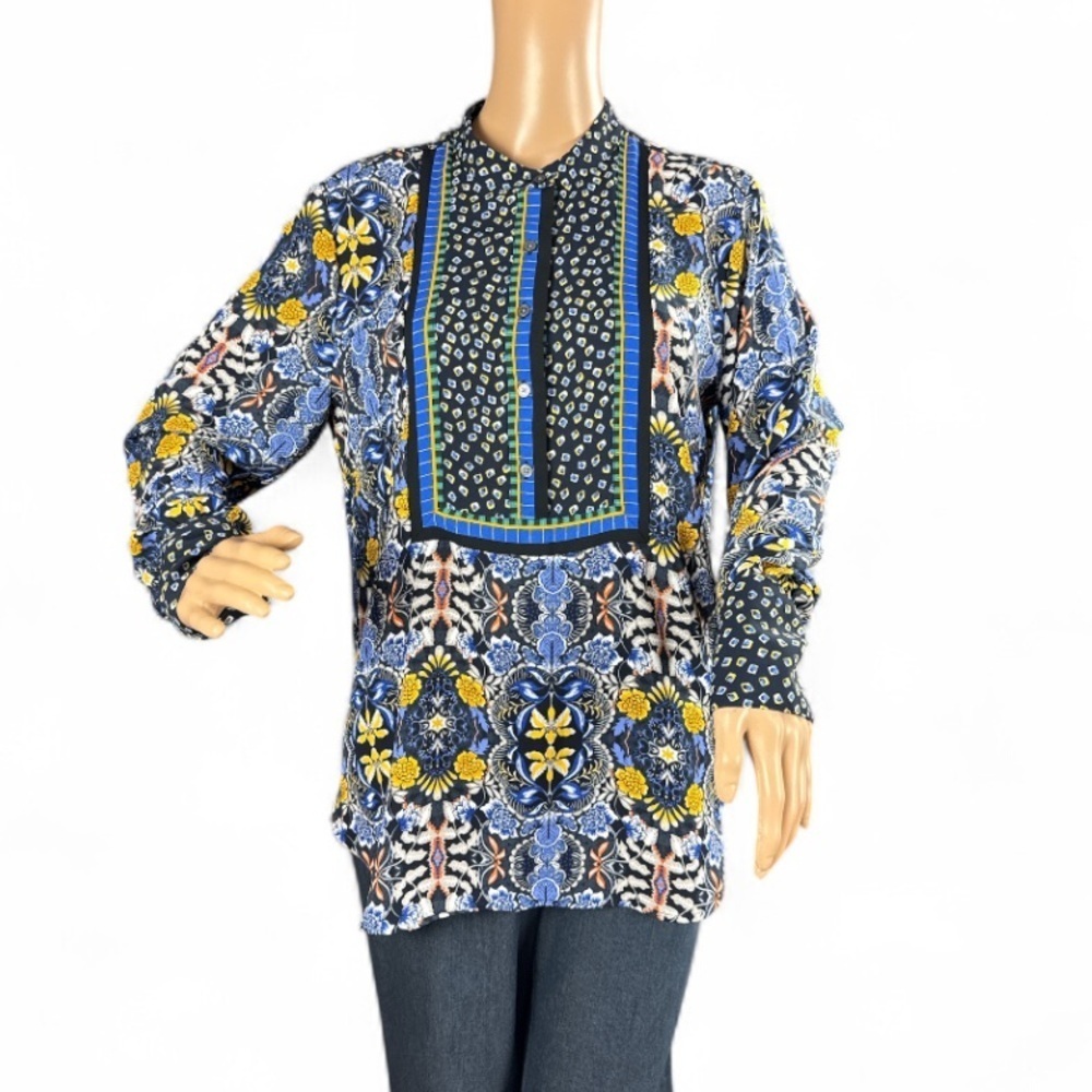 LOFT Autumn Dream Henley Blouse M - Bold Mixed Print, High-Low Hem - Picture 5 of 8
